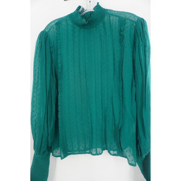 Farm Rio Emerald Green Ruffled Boho Blouse Swiss Dot Semi Sheer Mock Neck Size L - Picture 8 of 15